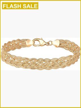 18K Gold Plated Braided Herringbone Mesh Bracelet 7.5 Inches Fine Jewelry